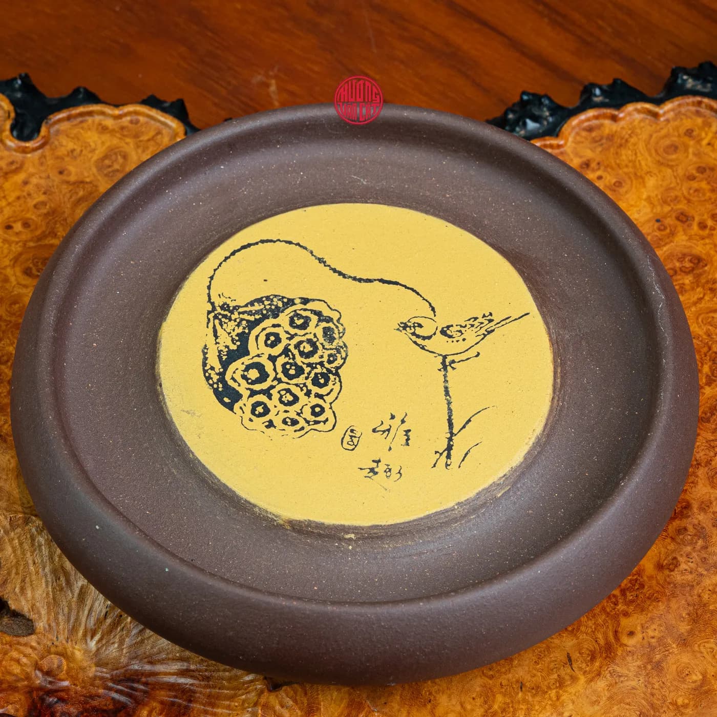 ĐẾ LÓT ẤM TRÀ TỬ SA KHẮC CHIM ĐẬU CÀNH SEN thumbnail 4